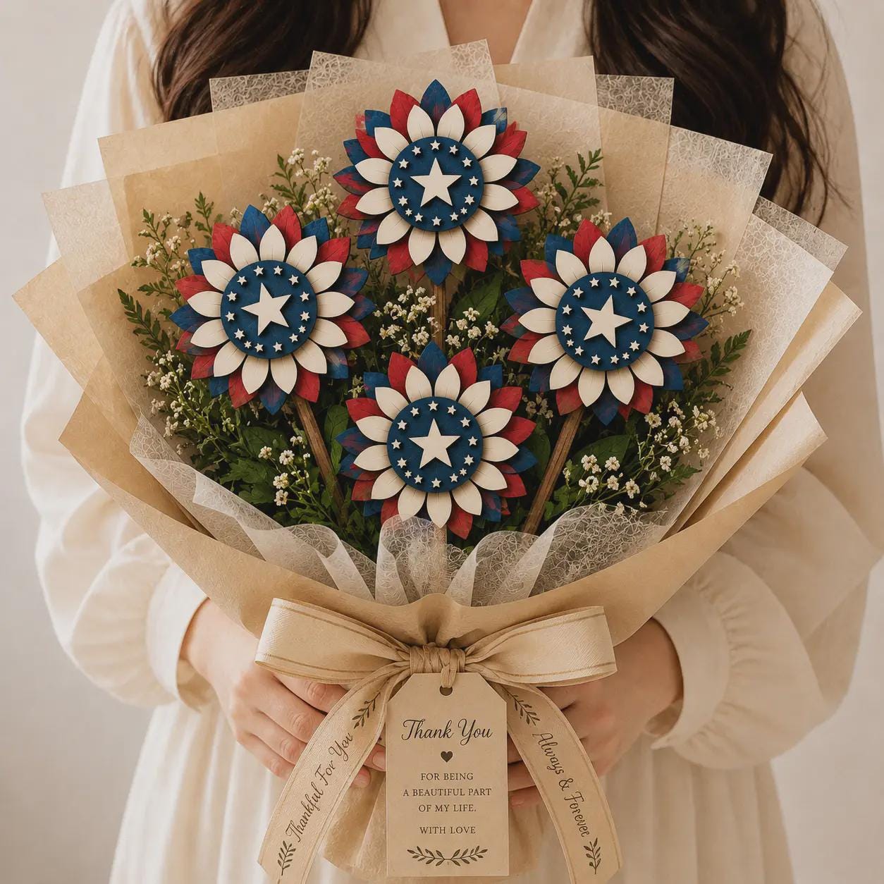 4th of July flower bouquet SVG wrapped as a gift arrangement with layered patriotic flowers, laser cut wooden design, and festive American holiday decoration.