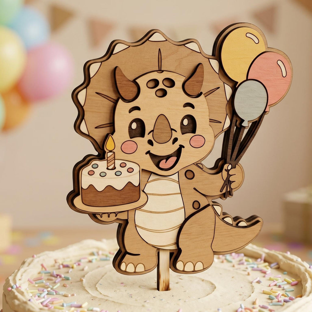 Kawaii triceratops cake topper laser cut design with balloons and birthday cake, crafted from layered wood. SVG digital download for Glowforge, Cricut, xTool, and DIY birthday projects.