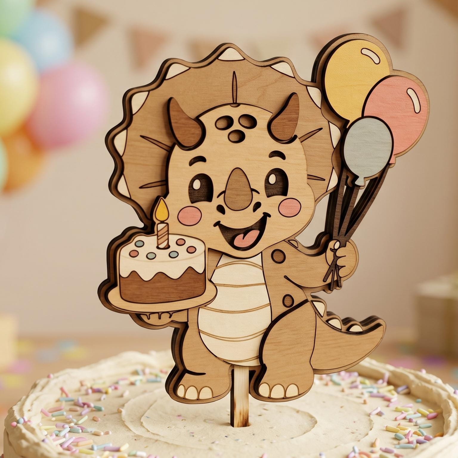 Kawaii triceratops cake topper laser cut design with balloons and birthday cake, crafted from layered wood. SVG digital download for Glowforge, Cricut, xTool, and DIY birthday projects.
