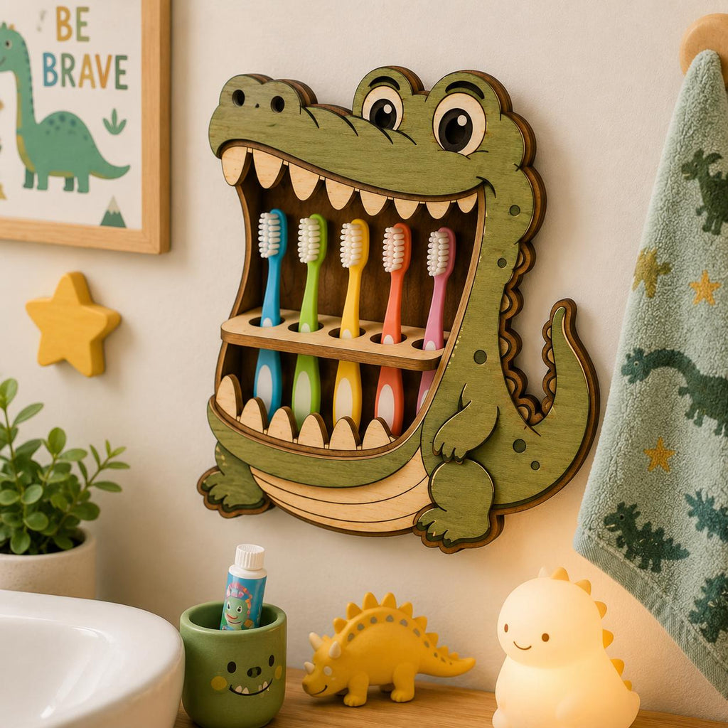 Layered wooden crocodile toothbrush holder mounted on a bathroom wall, organizing colorful toothbrushes in a fun dinosaur-themed kids space.
