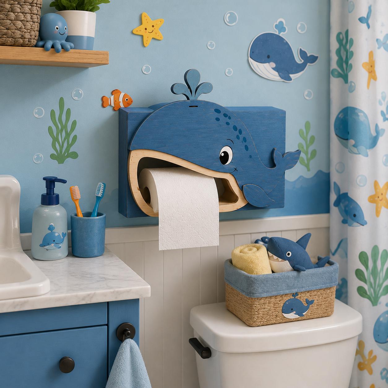 Cute whale toilet paper holder in a children's ocean-themed bathroom featuring sea creature decorations and colorful marine accents. Fun laser cut SVG project for nursery, kids bathroom, and coastal decor.