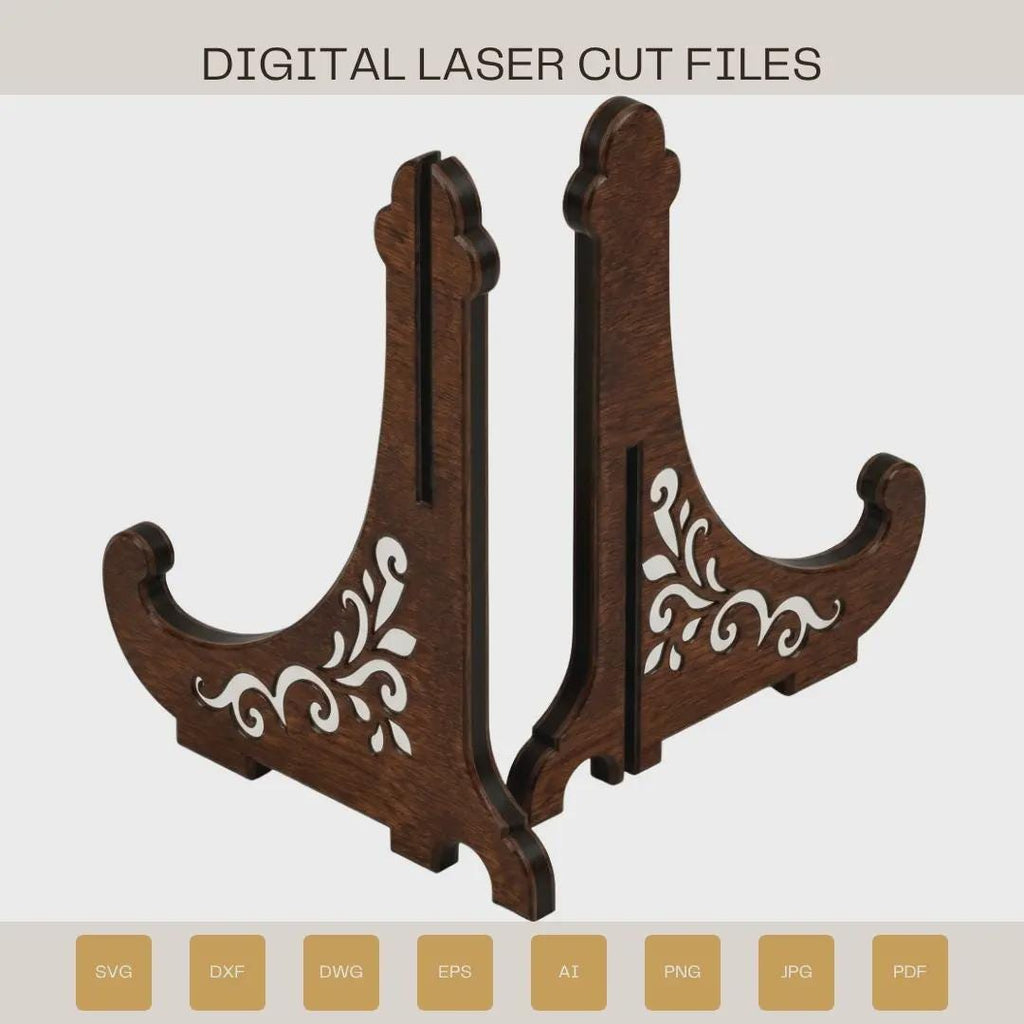 Laser cut easel stand SVG file featuring decorative scrollwork design, wooden display holder, plate stand, photo frame support, and Glowforge-ready digital download.