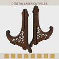 Laser cut easel stand SVG file featuring decorative scrollwork design, wooden display holder, plate stand, photo frame support, and Glowforge-ready digital download.