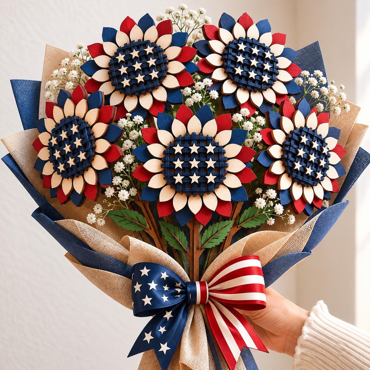 Beautiful layered flower bouquet crafted in red, white, and blue colors with star details and wooden stems. Laser cut SVG design ideal for Independence Day decor, veterans events, and patriotic gifts.