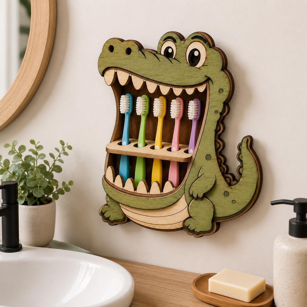 Crocodile toothbrush holder laser cut SVG displayed beside a bathroom sink, highlighting layered wood construction and colorful toothbrush organization.