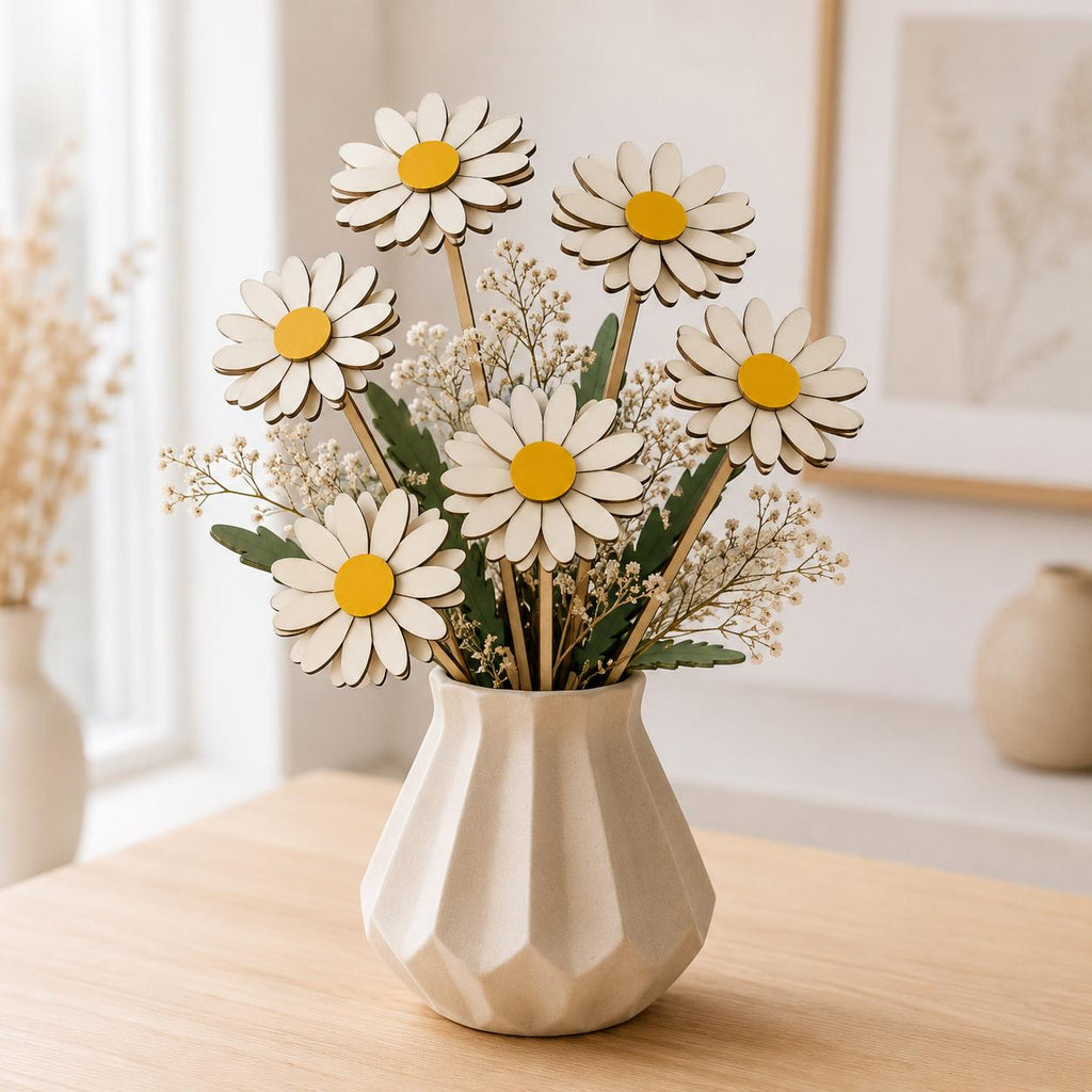 Layered daisy flower bouquet SVG laser cut file with elegant wrapping and floral accents. Perfect for Glowforge projects, wedding gifts, spring decorations, and wooden flower crafts.