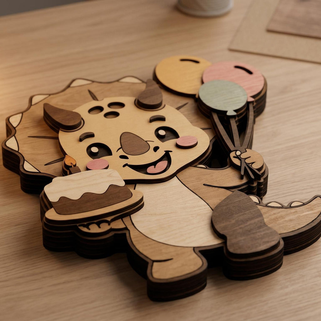 Close-up view of a layered wooden dinosaur birthday design with engraved details, balloons, and birthday cake. Perfect SVG file for laser cutting, woodworking, and personalized birthday party decor.
