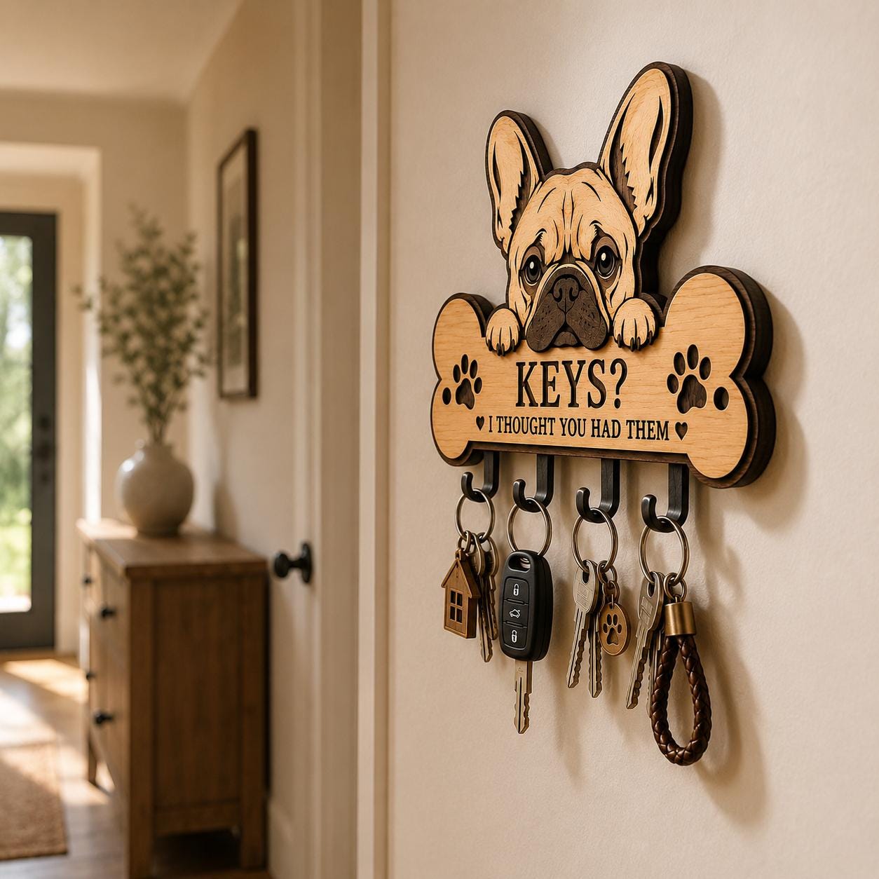 Side view of a layered French Bulldog key holder laser cut design showing depth, wooden construction, and functional hooks for key storage.