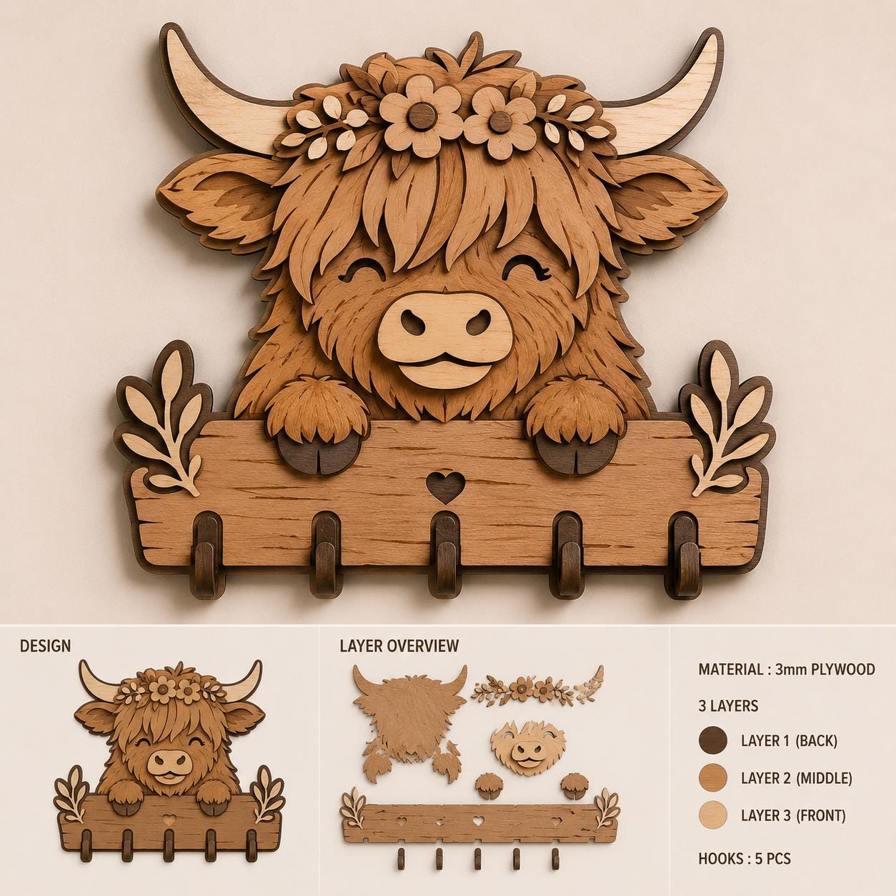 Layered Highland Cow key holder SVG template showing assembly overview, wood layers, hook components, and laser cutting specifications.