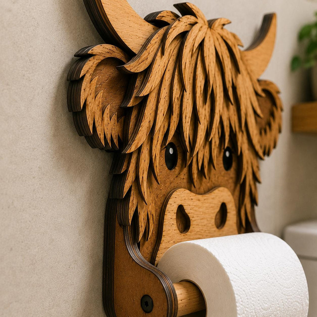 Close-up view of a layered Highland Cow toilet paper holder showing detailed laser cut wood layers, realistic texture, and precision craftsmanship.