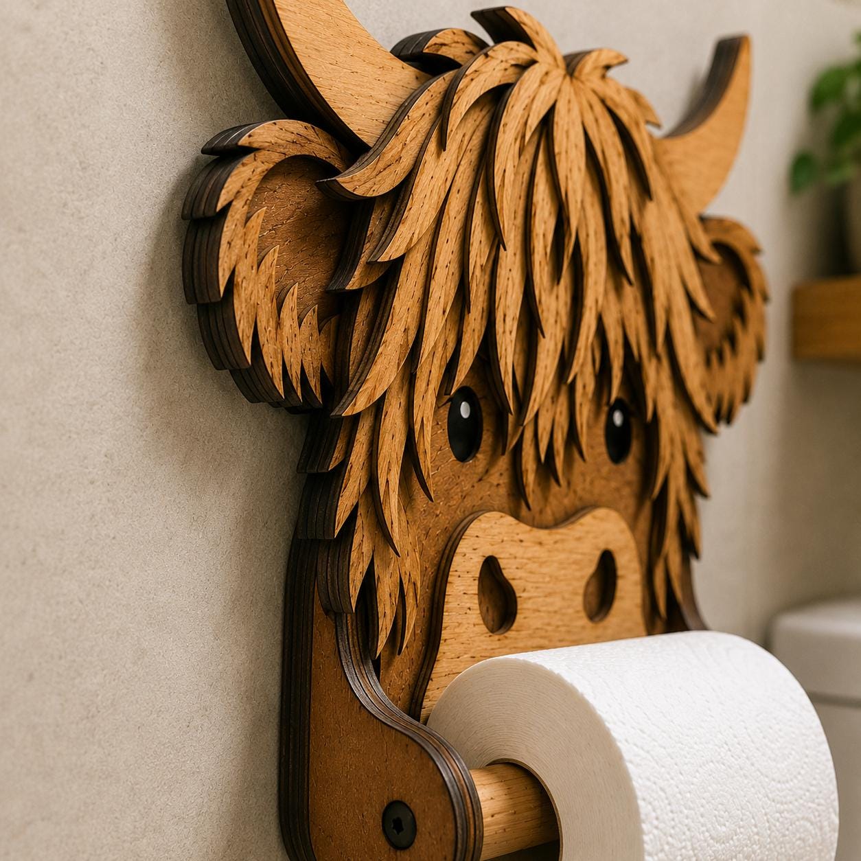 Close-up view of a layered Highland Cow toilet paper holder showing detailed laser cut wood layers, realistic texture, and precision craftsmanship.