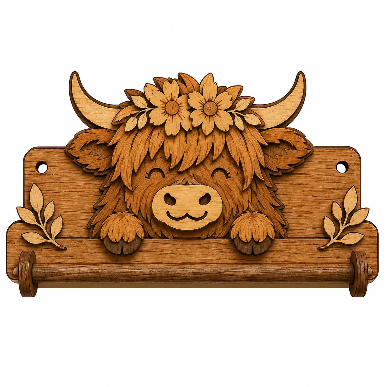 Layered Highland Cow towel holder SVG design with flower crown and wooden towel bar, perfect for farmhouse bathroom wall decor and laser cutting projects.