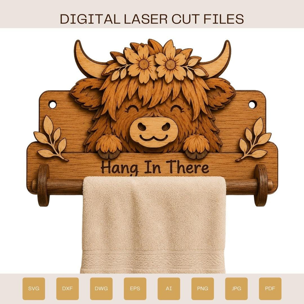 Layered Highland Cow towel holder SVG design with flower crown and wooden towel bar, perfect for farmhouse bathroom wall decor and laser cutting projects.