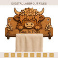 Layered Highland Cow towel holder SVG design with flower crown and wooden towel bar, perfect for farmhouse bathroom wall decor and laser cutting projects.