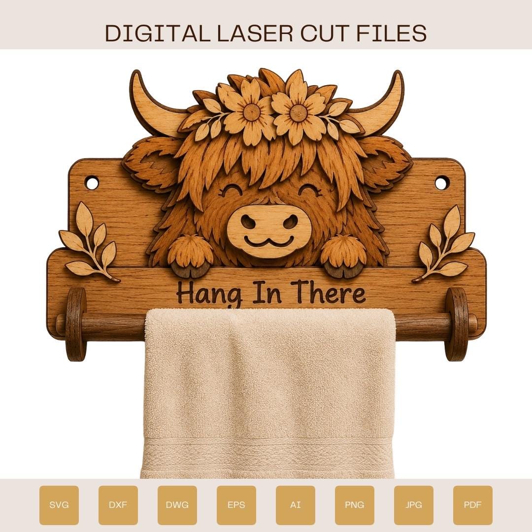 Layered Highland Cow towel holder SVG design with flower crown and wooden towel bar, perfect for farmhouse bathroom wall decor and laser cutting projects.
