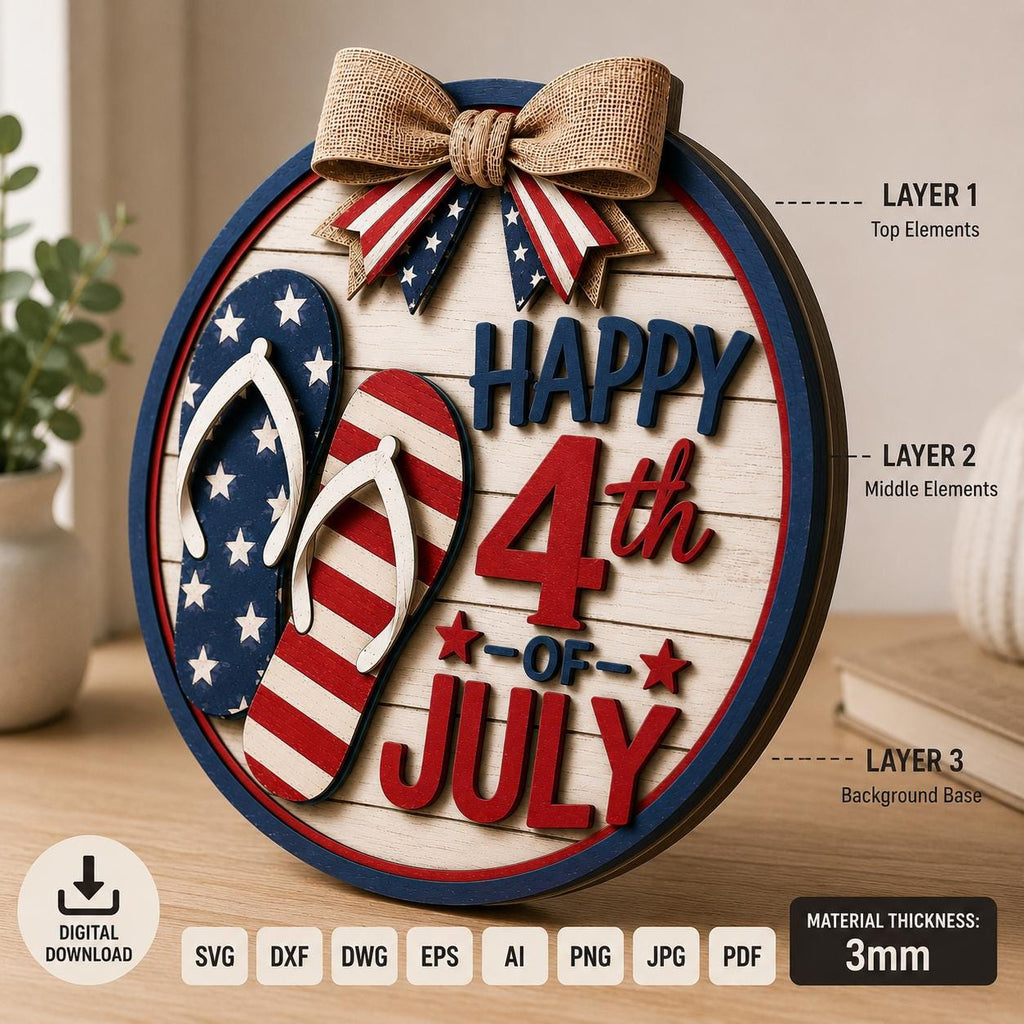 Layered patriotic flip flop door hanger showing three-dimensional laser cut construction, stacked wood layers, detailed holiday elements, and Glowforge-ready SVG design.