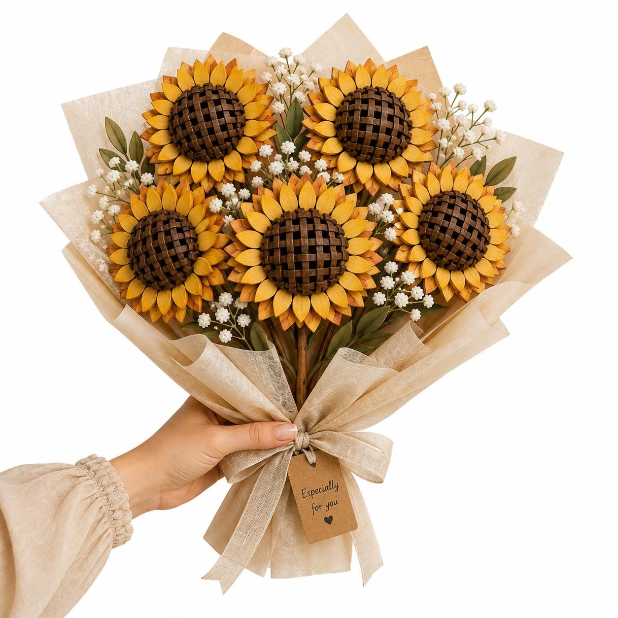 Layered sunflower bouquet SVG laser cut file displayed as a handcrafted floral gift. Perfect for Glowforge projects, Mother's Day presents, wedding decorations, and rustic home decor.