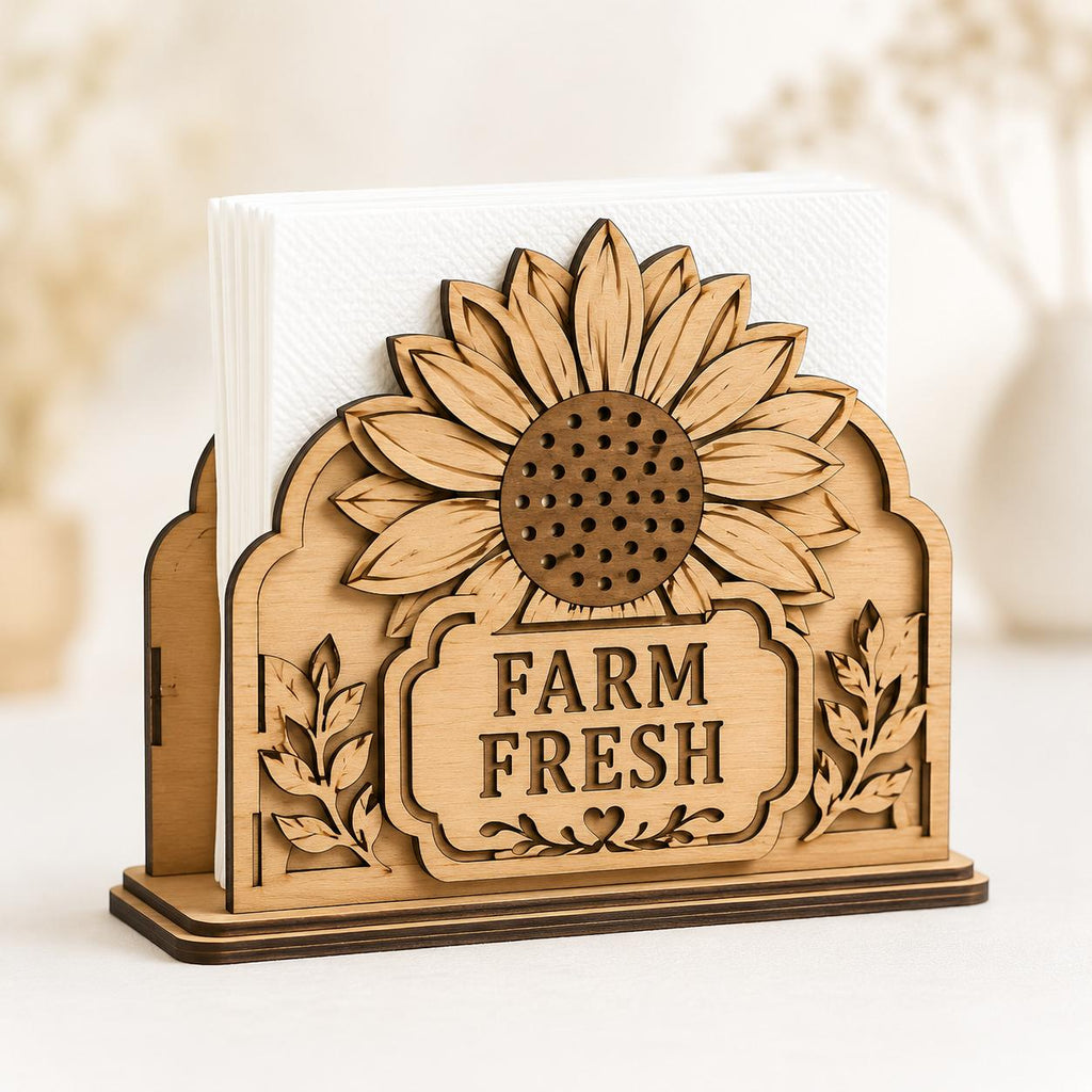Layered sunflower napkin holder SVG with detailed petals, decorative leaves, and Farm Fresh sign. Perfect for Glowforge laser cutters, xTool projects, CNC machines, and farmhouse table decor.