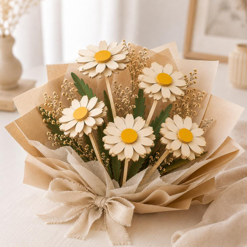 Layered wooden daisy bouquet laser cut SVG featuring elegant floral wrapping and realistic flower details. Suitable for Glowforge, LightBurn, CNC projects, spring decor, and gift making.
