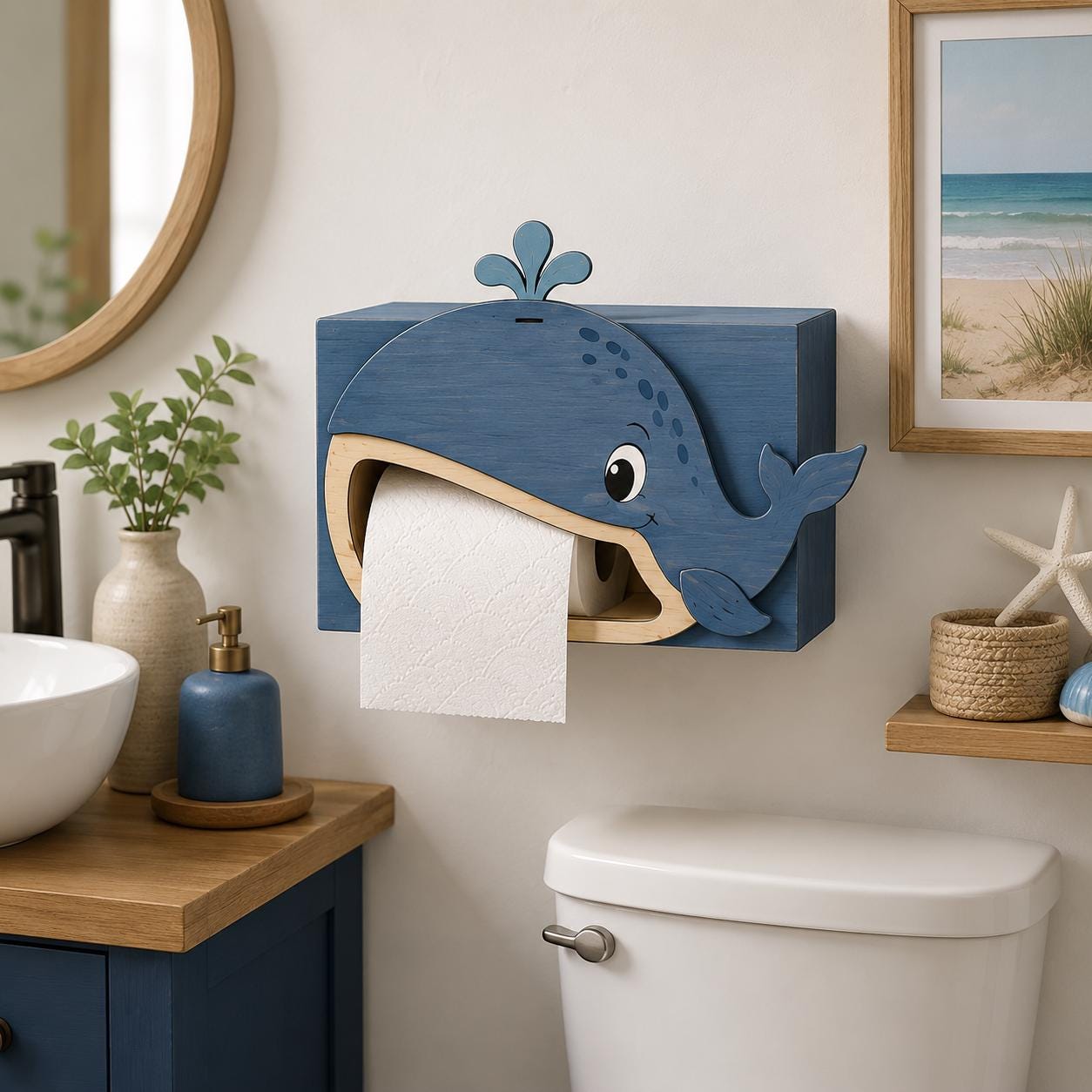 Modern blue whale toilet paper holder mounted beside a bathroom vanity with minimalist decor. Digital laser cut SVG file for creating stylish ocean-inspired bathroom accessories.