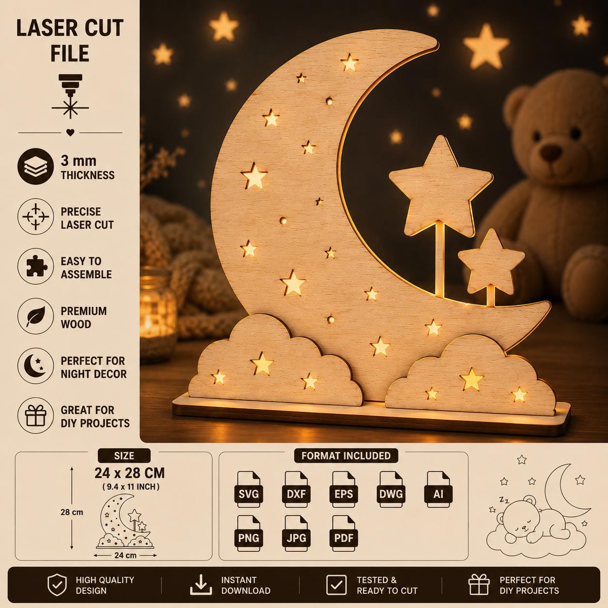 Layered Moon Stars Night Light SVG digital download kids room laser cut lamp