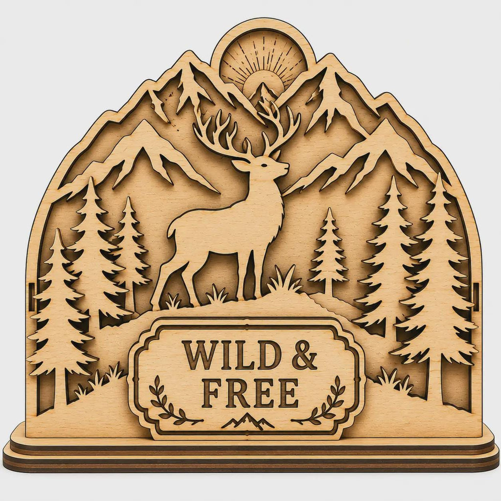 Deer Napkin Holder SVG laser cut file featuring layered mountain scenery, pine trees, wildlife design, rustic woodland decor, Glowforge-compatible template, and decorative wooden napkin stand for cabin and farmhouse homes.