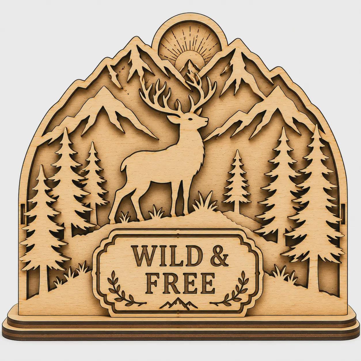 Deer Napkin Holder SVG laser cut file featuring layered mountain scenery, pine trees, wildlife design, rustic woodland decor, Glowforge-compatible template, and decorative wooden napkin stand for cabin and farmhouse homes.