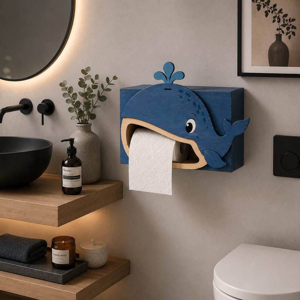 Blue whale toilet paper holder displayed in a contemporary bathroom setting with natural wood accents and modern decor. Laser cut SVG template for creating functional and decorative bathroom storage.