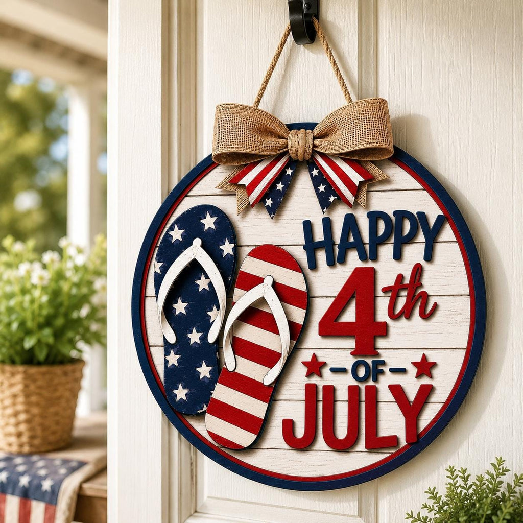 Patriotic flip flop door hanger displayed on a front porch door, featuring a Happy 4th of July message, American flag colors, and rustic summer holiday decor.