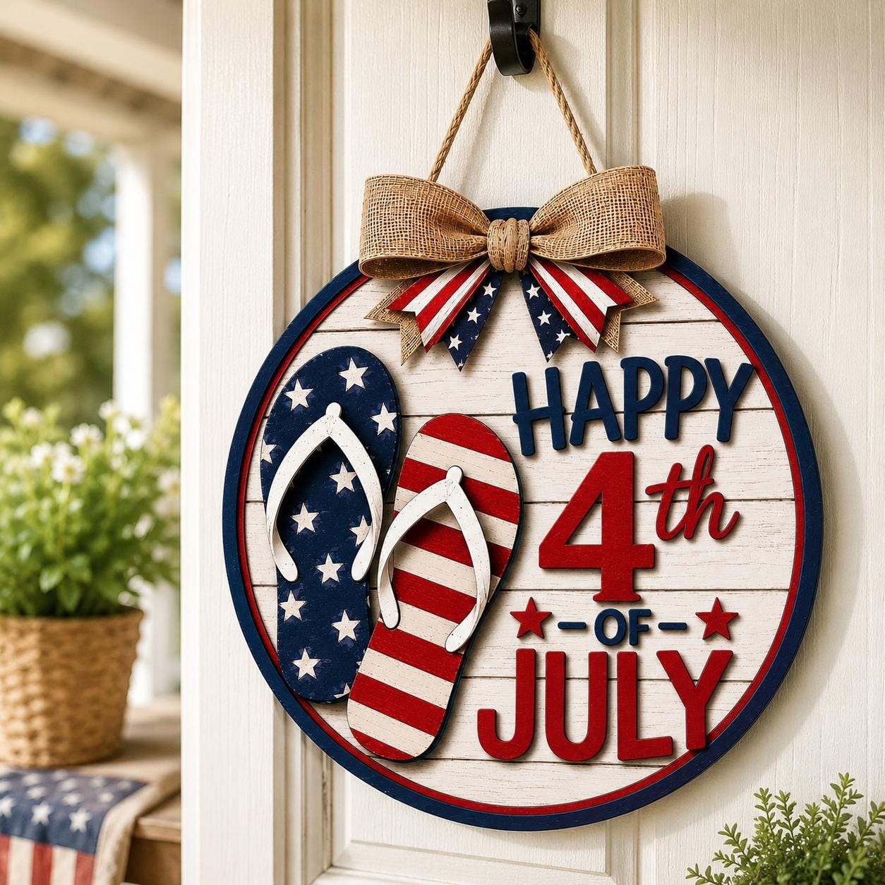 Patriotic flip flop door hanger displayed on a front porch door, featuring a Happy 4th of July message, American flag colors, and rustic summer holiday decor.