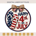 Patriotic flip flop door hanger SVG laser cut file featuring layered red, white, and blue flip flops, Happy 4th of July sign, and farmhouse holiday decor for Glowforge projects.