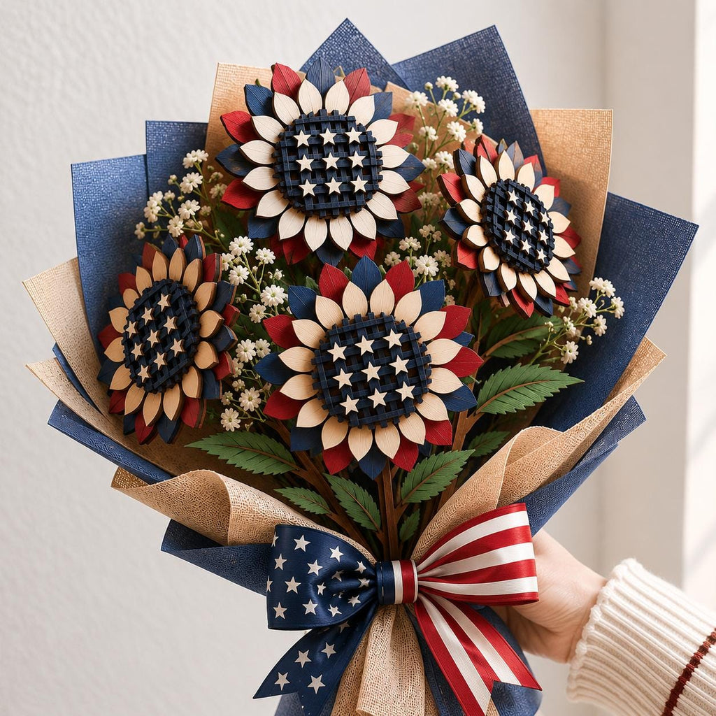 Handheld bouquet of patriotic wooden flowers featuring layered laser-cut petals, baby’s breath accents, and an American flag ribbon. Digital SVG download for DIY gifts and patriotic celebrations.