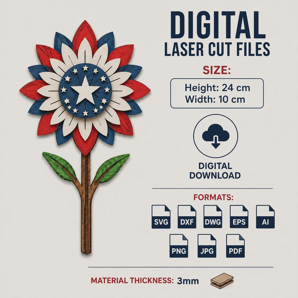 Layered patriotic flower SVG template with red white blue petals, star centerpiece, laser cut file details, digital download formats, and 3mm material compatibility.