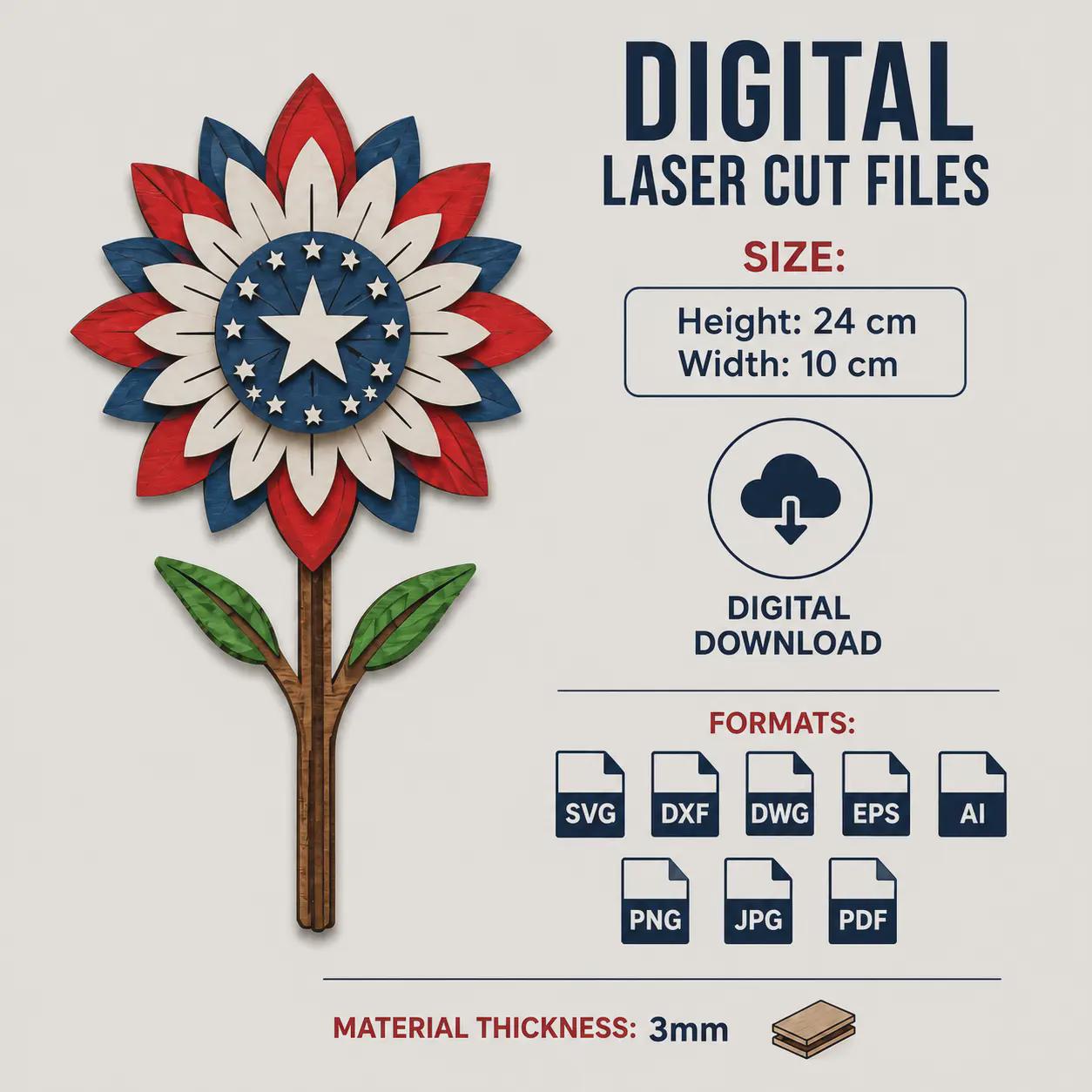 Layered patriotic flower SVG template with red white blue petals, star centerpiece, laser cut file details, digital download formats, and 3mm material compatibility.