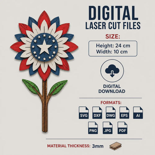 Layered patriotic flower SVG template with red white blue petals, star centerpiece, laser cut file details, digital download formats, and 3mm material compatibility.