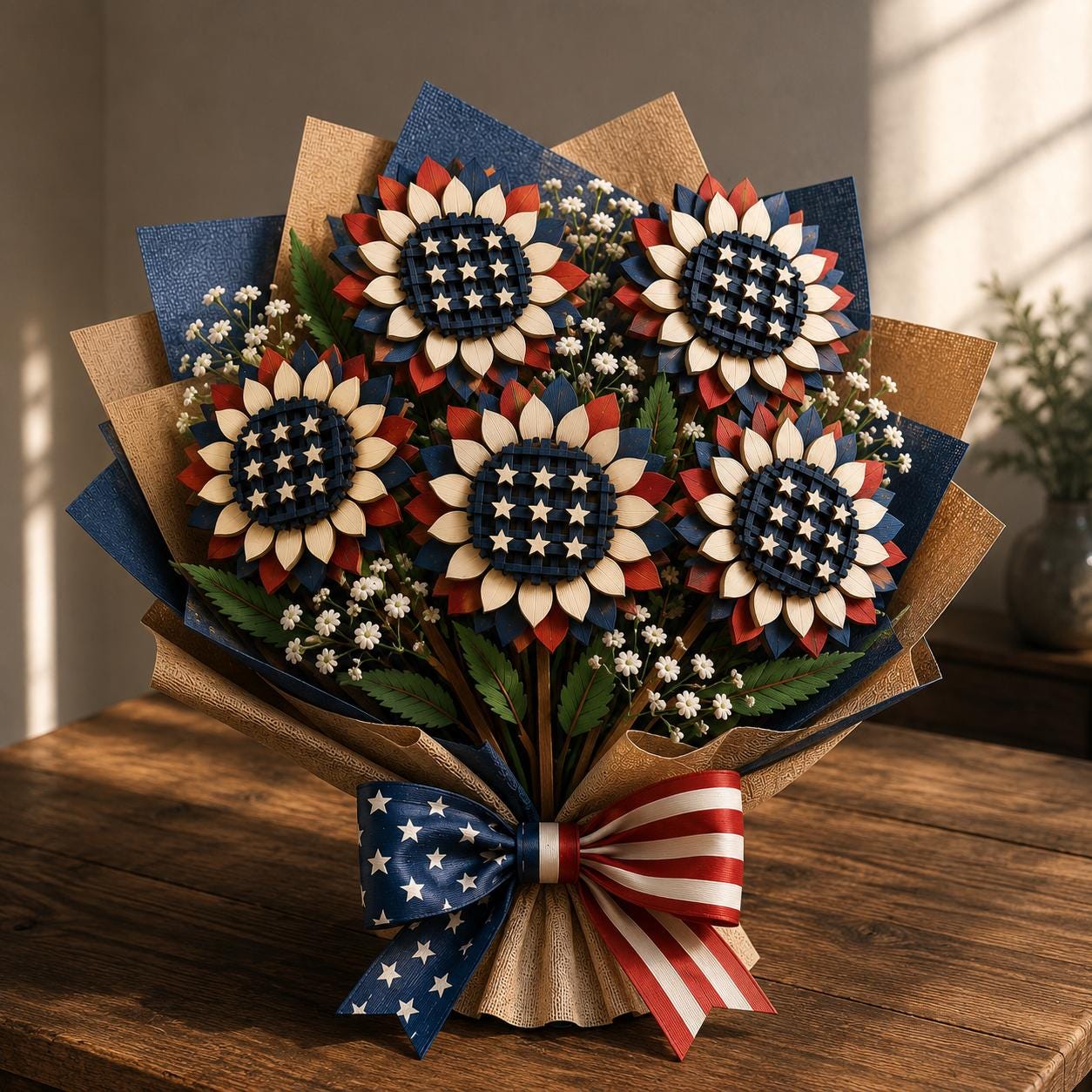 Elegant patriotic sunflower bouquet featuring layered wooden flowers, star accents, and Independence Day colors. Laser cut SVG file compatible with Glowforge, LightBurn, xTool, and CNC woodworking projects.