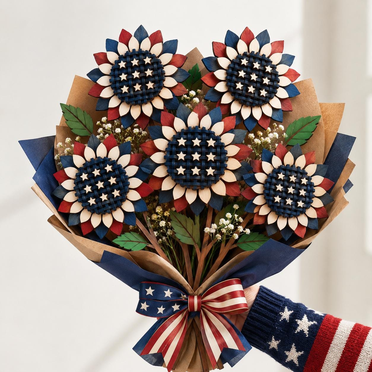 Five-piece patriotic flower arrangement laser cut from wood, featuring layered petals and American flag-inspired centers. SVG file suitable for Glowforge, xTool, and other laser engraving machines.