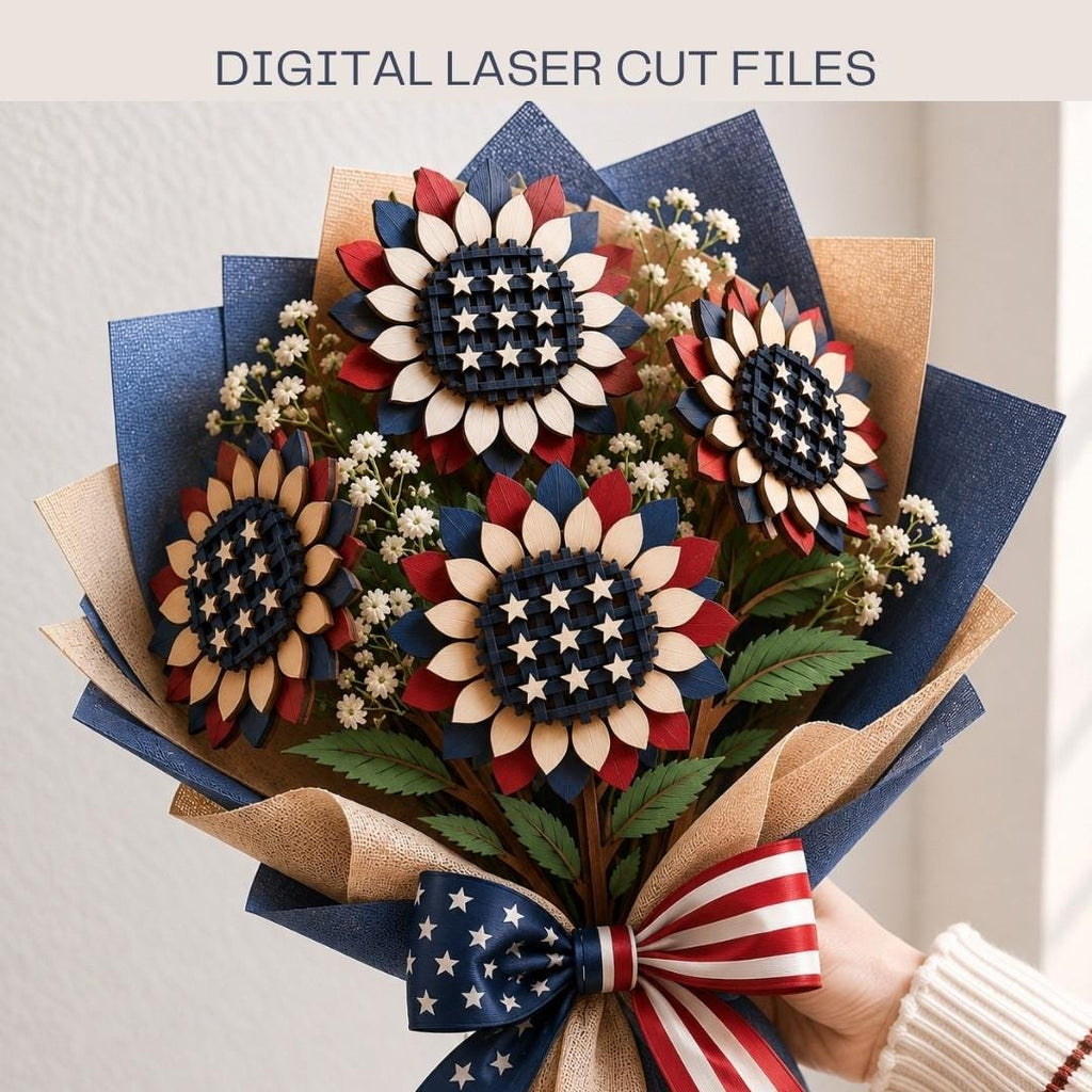 Patriotic wooden flower bouquet laser cut file featuring layered red, white, and blue flowers with star centers and an American flag bow. Perfect SVG design for 4th of July decorations, Glowforge projects, and DIY gifts.