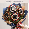 Patriotic wooden flower bouquet laser cut file featuring layered red, white, and blue flowers with star centers and an American flag bow. Perfect SVG design for 4th of July decorations, Glowforge projects, and DIY gifts.