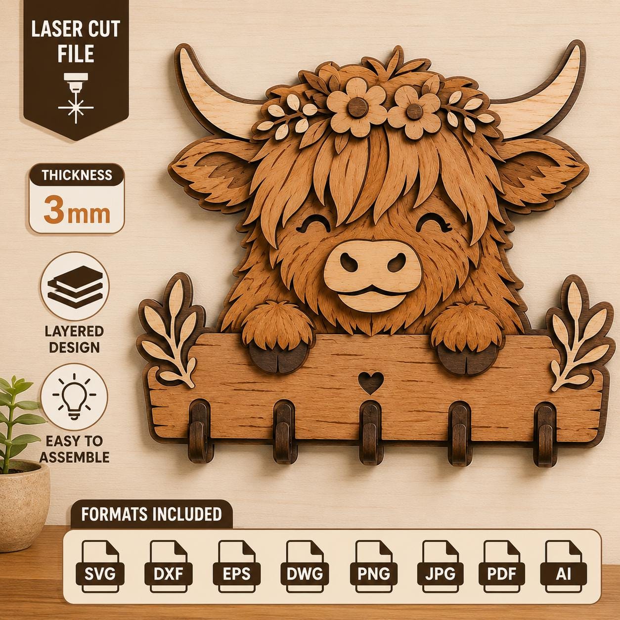 Personalized Highland Cow key rack SVG laser cut file with 5 hooks, layered wood design, Glowforge compatible, and farmhouse home organization decor.