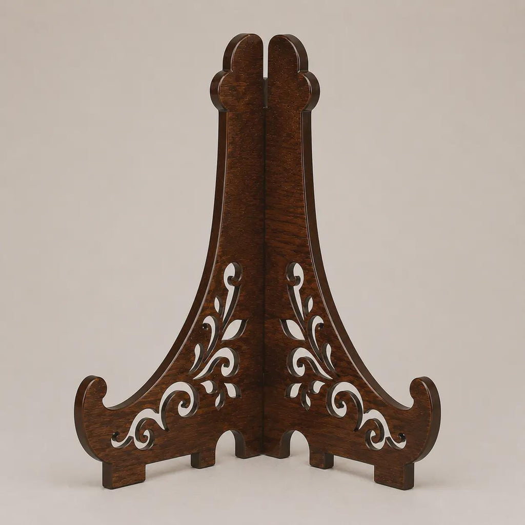 Assembled wooden easel stand SVG shown from an angled perspective, featuring ornamental cutout details and sturdy display support for plates, frames, and artwork.
