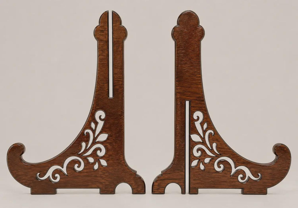 Front view of assembled laser cut easel stand SVG featuring symmetrical decorative scrollwork, wooden display support, and DIY laser cutting project design.