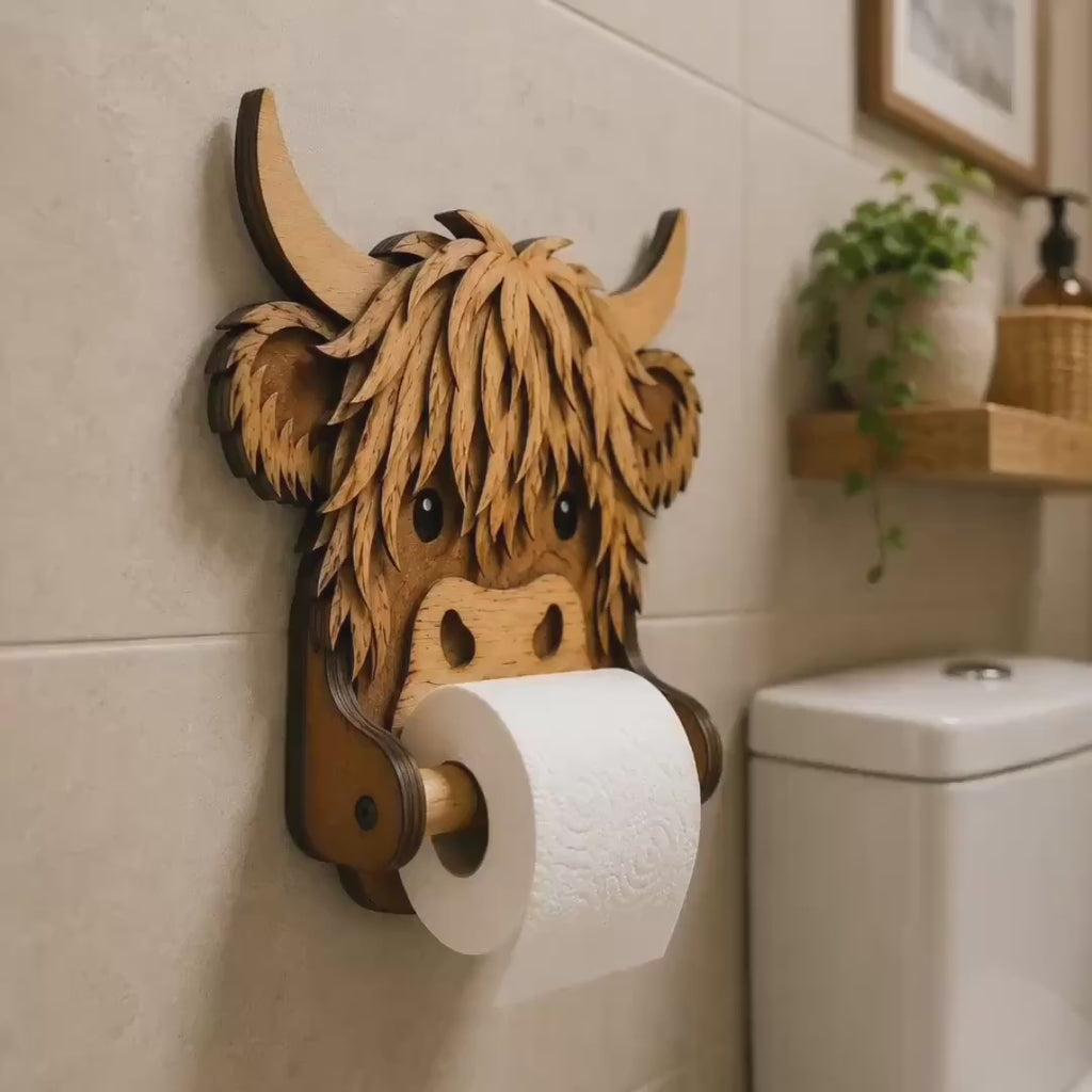 Animated showcase of a Highland Cow Toilet Paper Holder SVG laser cut file featuring layered wood construction, farmhouse bathroom decor, scalable dimensions, Glowforge compatibility, easy DIY assembly, and instant digital download for laser cutting enthusiasts.