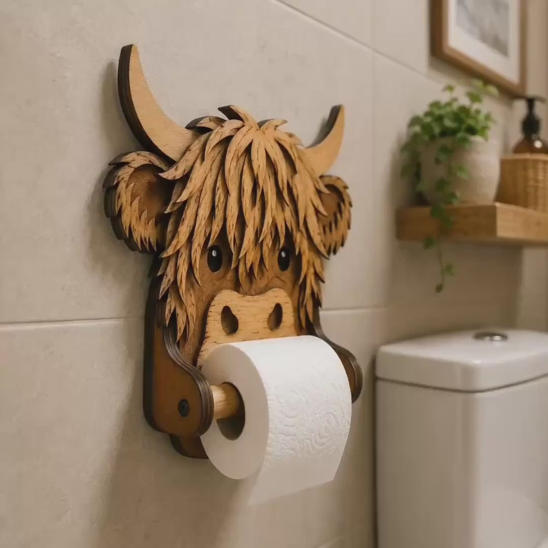 Animated showcase of a Highland Cow Toilet Paper Holder SVG laser cut file featuring layered wood construction, farmhouse bathroom decor, scalable dimensions, Glowforge compatibility, easy DIY assembly, and instant digital download for laser cutting enthusiasts.