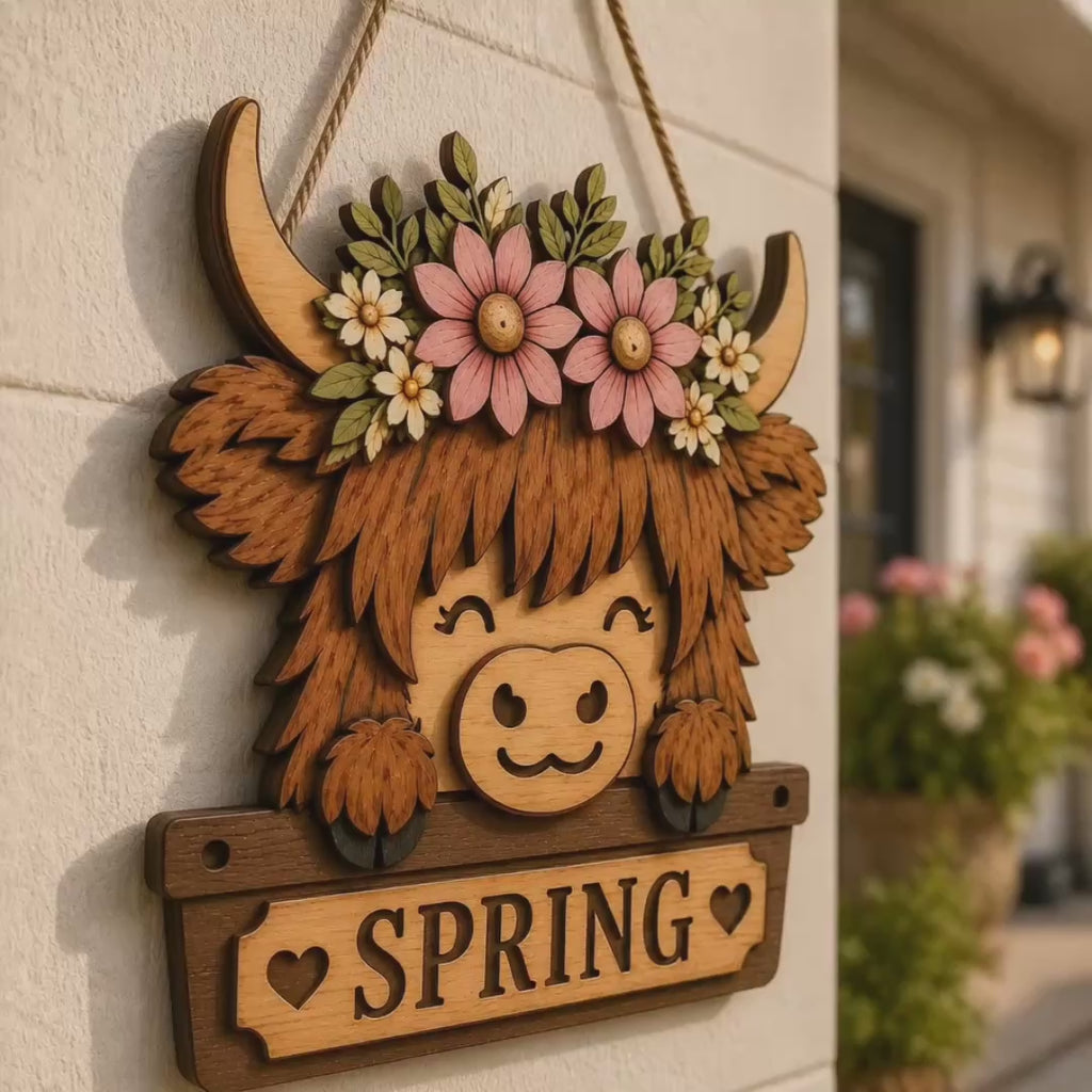 Animated showcase of a Spring Highland Cow SVG laser cut file featuring a layered floral Highland cow door hanger with pink flowers, rustic spring sign, farmhouse decor, and Glowforge-ready laser cutting design.
