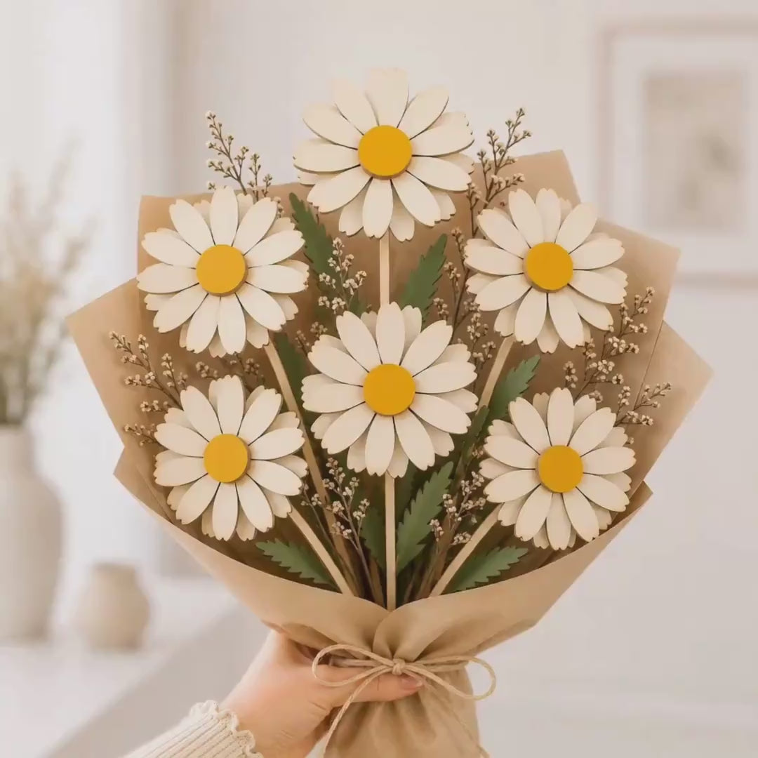 3D Daisy Flower Bouquet Laser Cut SVG File featuring layered wooden daisies arranged in an elegant floral bouquet. Digital download compatible with Glowforge, xTool, LightBurn, Cricut, CNC routers, and laser cutting machines. Perfect for Mother's Day gifts, wedding decor, spring decorations, farmhouse home decor, floral centerpieces, handmade gifts, and DIY woodworking projects. High-quality layered design optimized for 3mm wood and laser cutting.