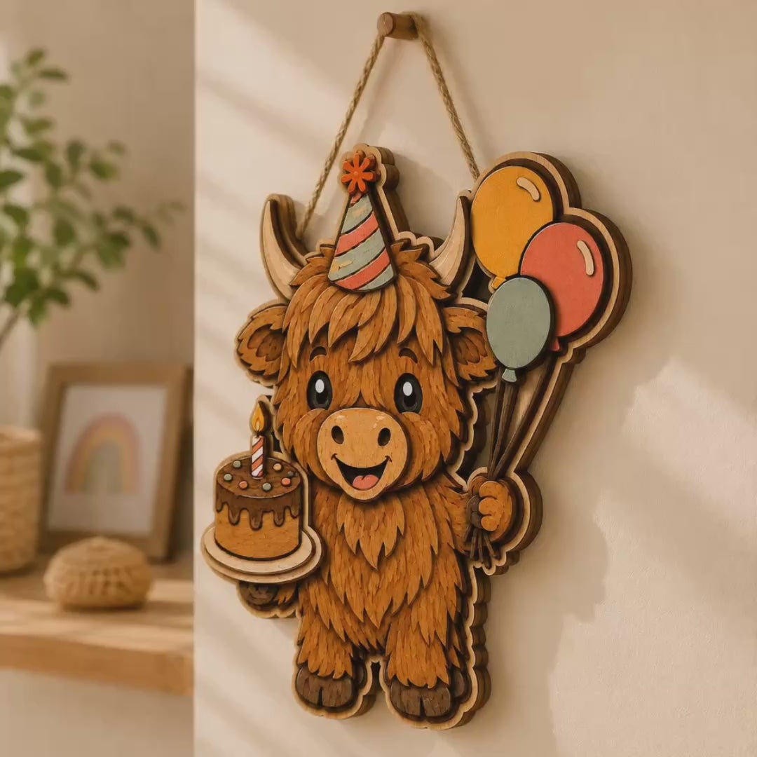 Cute birthday Highland cow layered SVG laser cut design featuring a party hat, colorful balloons, and birthday cake. Digital download for Glowforge, xTool, LightBurn, CNC, and laser cutting machines. Perfect for birthday decorations, nursery wall art, wooden signs, DIY gifts, and farmhouse-inspired crafts. High-quality multilayer design suitable for woodworking projects and personalized birthday creations.