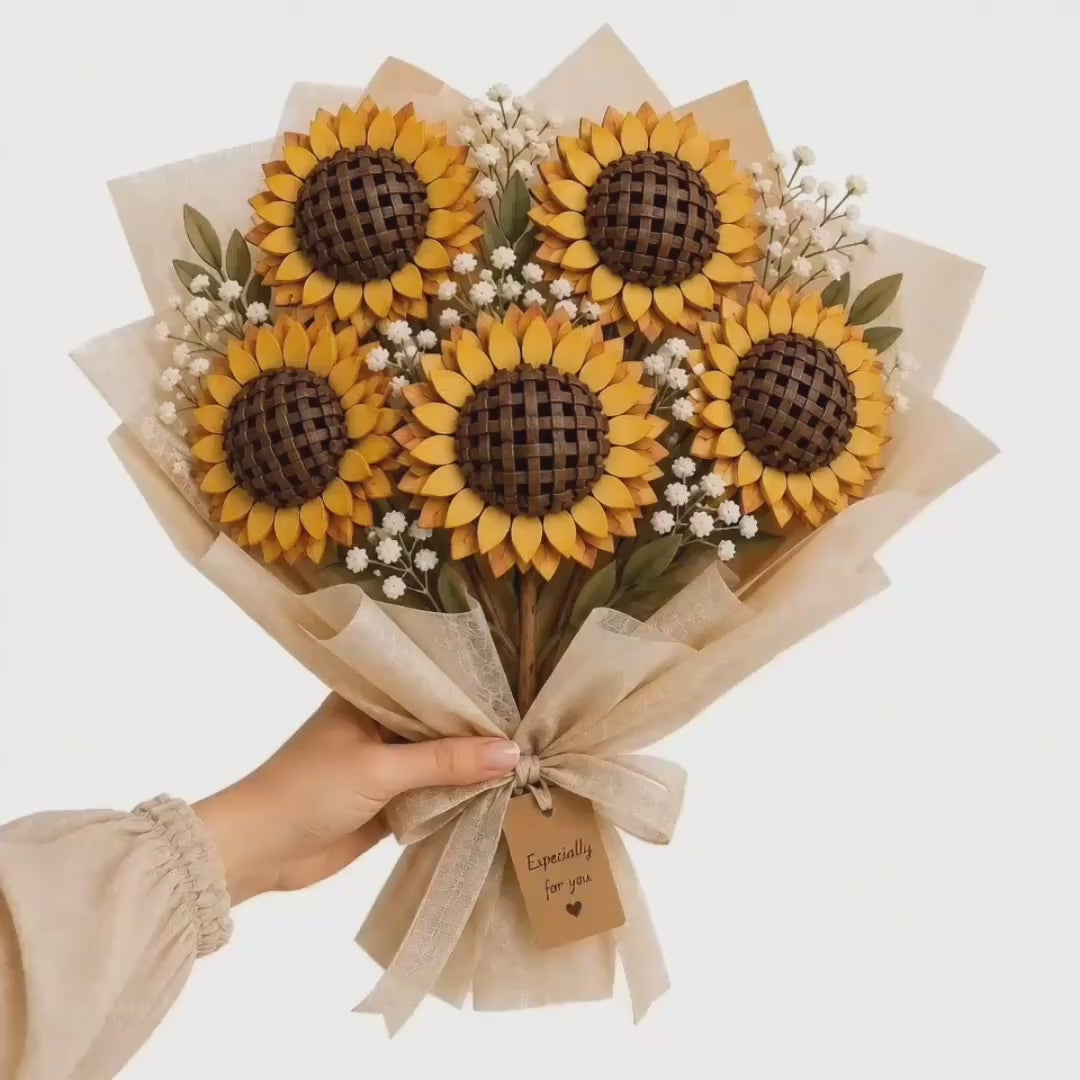 3D Sunflower Bouquet Laser Cut SVG File featuring layered wooden sunflowers with detailed woven centers and realistic floral arrangement. Digital download compatible with Glowforge, xTool, LightBurn, CNC routers, and laser cutting machines. Perfect for Mother's Day gifts, wedding decorations, farmhouse home decor, rustic floral centerpieces, handmade gifts, wall art, and DIY woodworking projects. High-quality layered design optimized for 3mm wood and laser cutting.