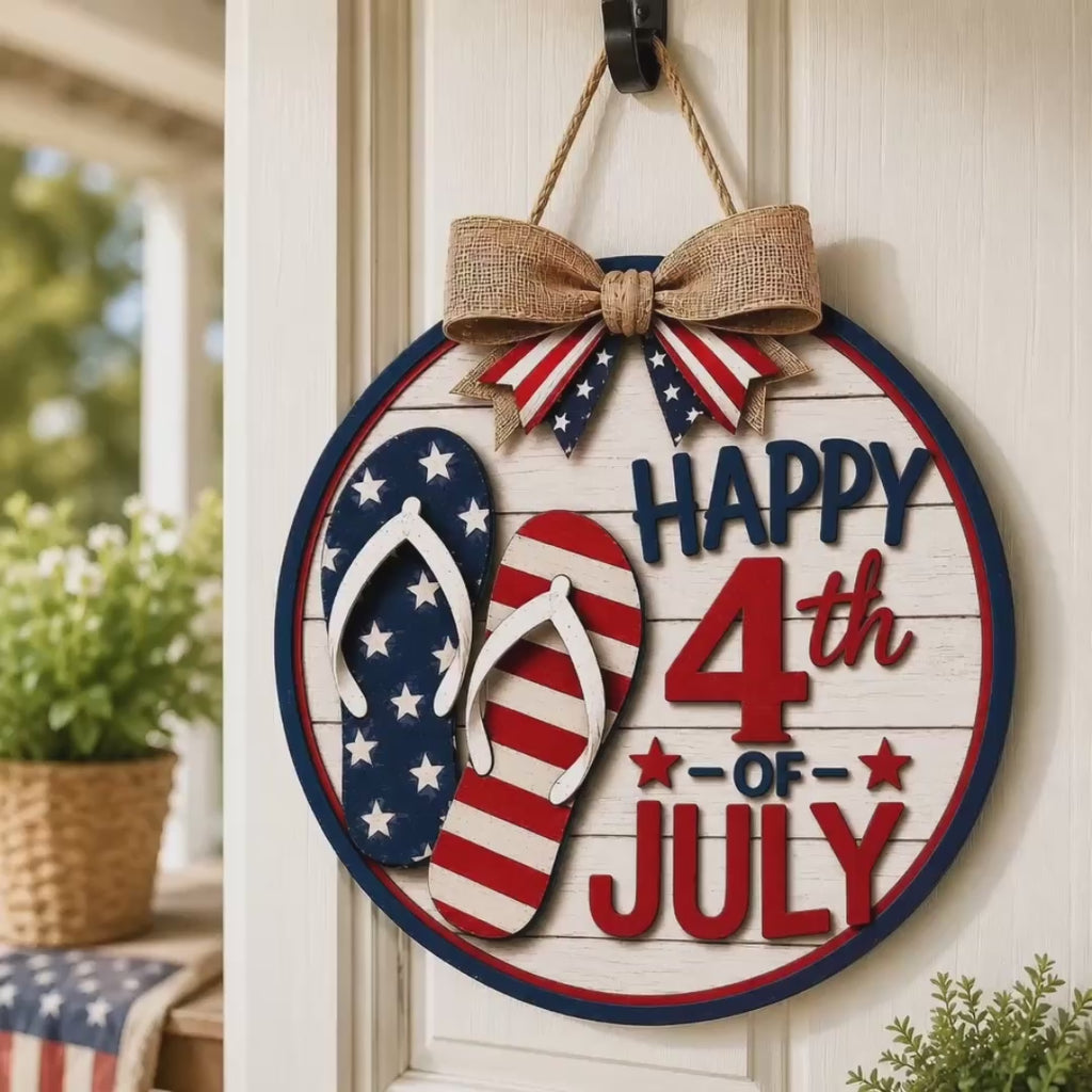 Animated showcase of a Patriotic Flip Flop Door Hanger SVG laser cut file featuring layered construction, American flag themed flip flops, Happy 4th of July lettering, Glowforge compatibility, farmhouse holiday decor, and instant digital download for laser cutting and CNC projects.