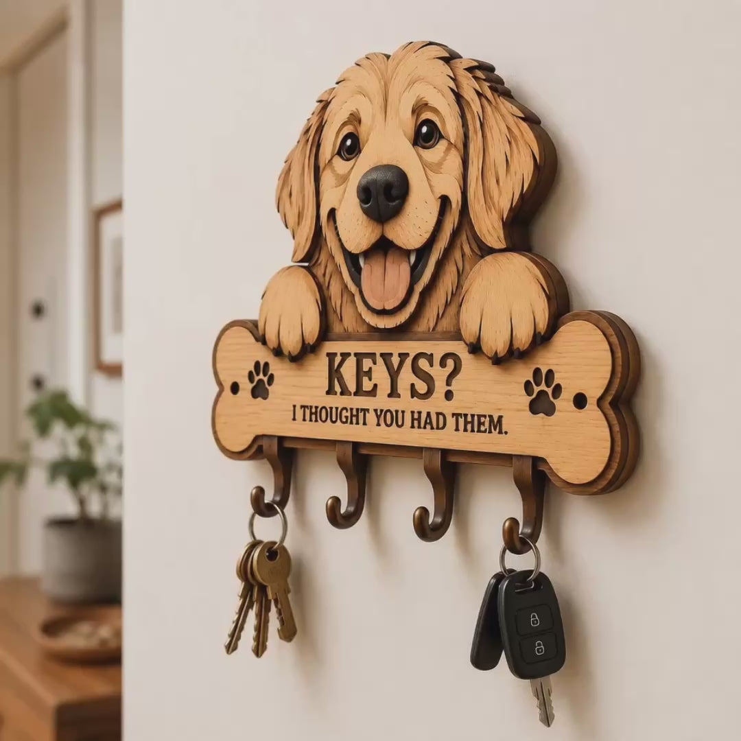 Animated showcase of a Golden Retriever Key Holder SVG laser cut file featuring a layered dog design, bone-shaped plaque, multiple key hooks, engraved funny quote, Glowforge compatibility, wood laser cutting process, and stylish entryway wall organization for dog lovers.
